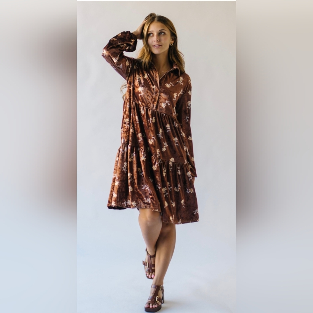 Chic Brown Floral Long Sleeve Dress